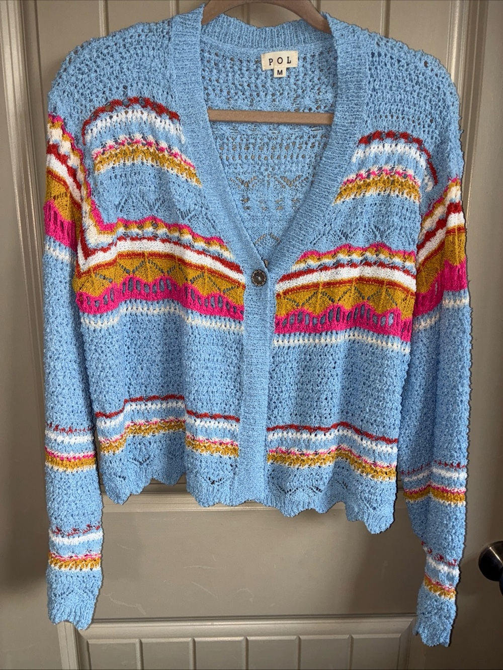 POL Light Blue Crochet Cardigan with Pink, Gold and White Stripes